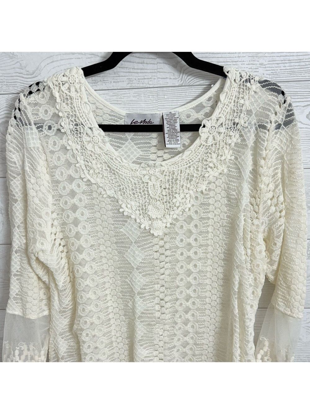 LeModa Women’s Ivory Shear & Lace Boho Top. Size M - Picture 3 of 8